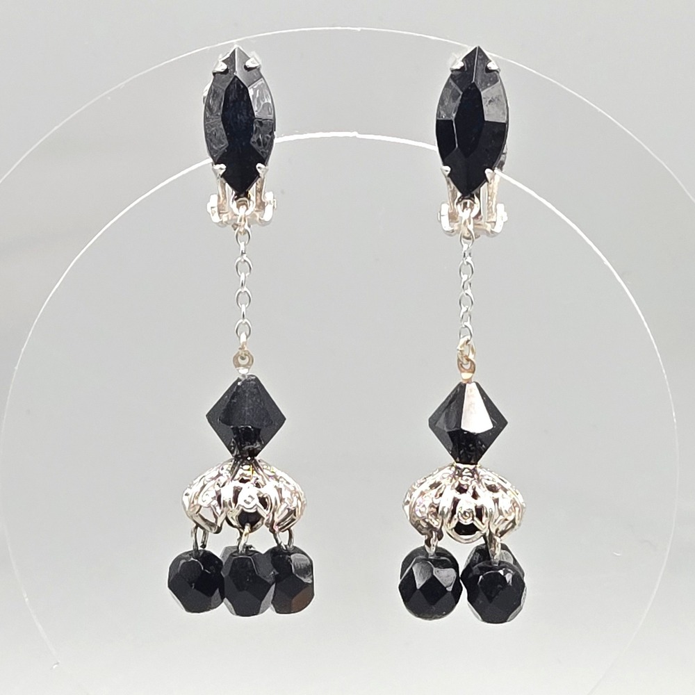 Vintage Lewis Segal California Black‎ Glass Beaded Chandelier Clip On Earrings